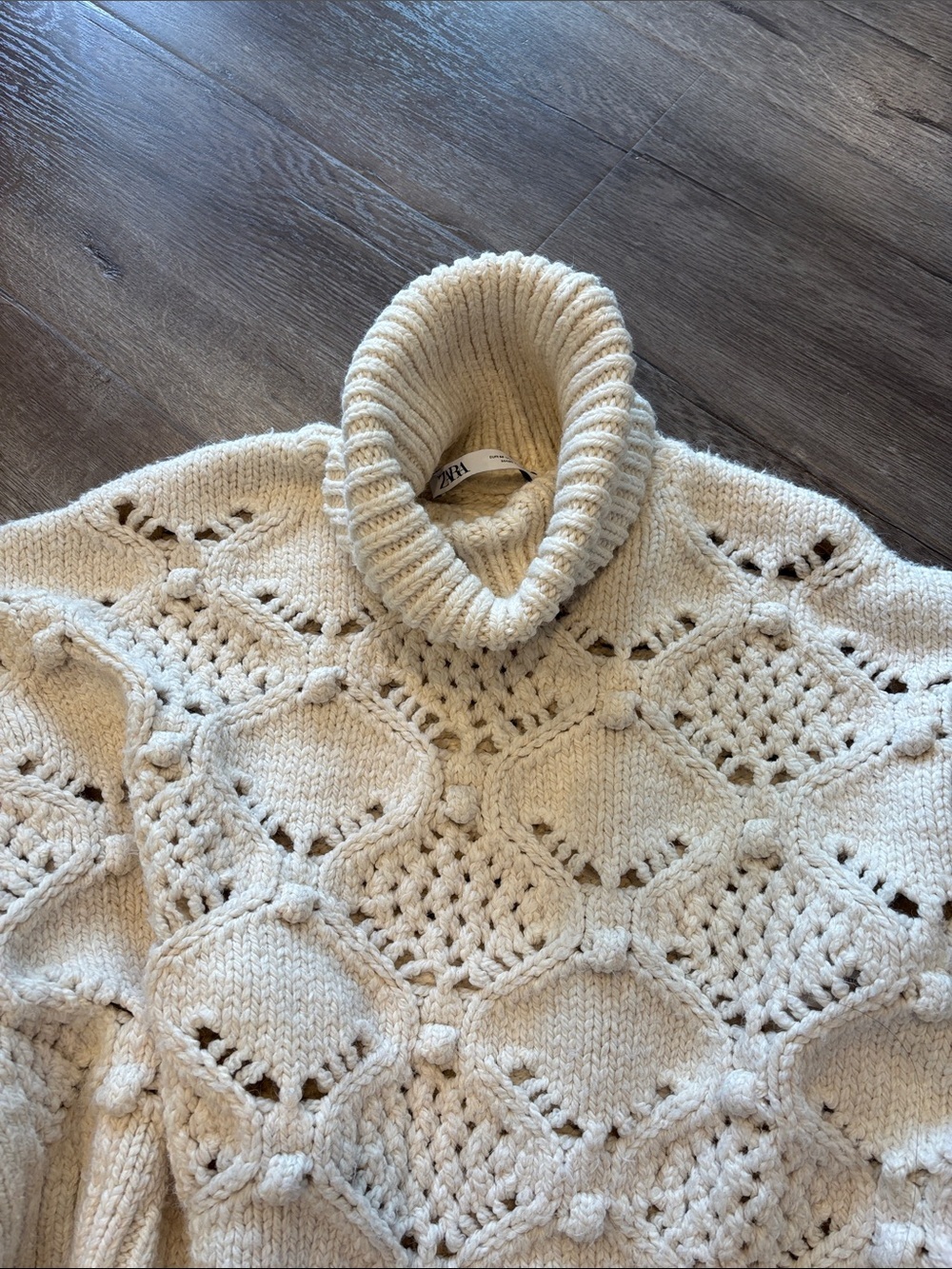 Zara Cream Open-Knit Cropped Turtleneck Sweater - Picture 2 of 7